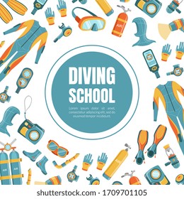 Diving School Banner Template with Diving Professional Equipment Pattern, Water Active Sport, Summer Vacation Vector Illustration