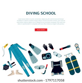 Diving school banner template with scuba and underwater equipment, flat vector illustration on white background. Water sport promotion for scuba dipping and diving.