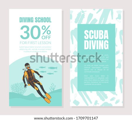Diving School Card, 30 Percent Off Flyer or Certificate Template, Water Active Sport, Summer Vacation Vector Illustration