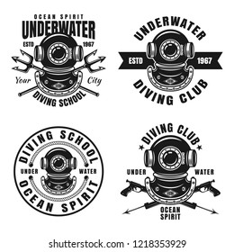 Diving school or club set of four vector emblems, badges or labels in vintage monochrome style isolated on white background