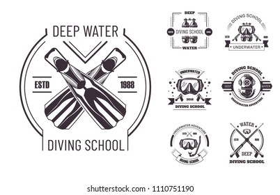 Diving school deep water promo monochrome emblems set