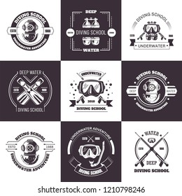 Diving school deep water promo monochrome emblems set.