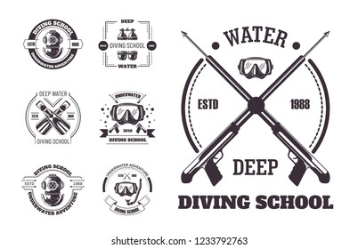 Diving school deep water promo monochrome emblems set.