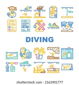 Diving School Education Lesson Icons Set Vector. Diving School Course And Study, Underwater Sign Language And Professional Equipment. Diver Instruction Coach And Certificate Color Illustrations
