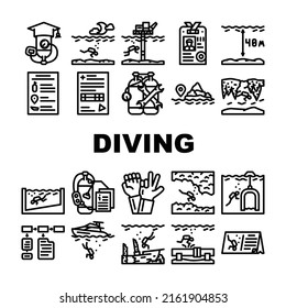 Diving School Education Lesson Icons Set Vector. Diving School Course And Study, Underwater Sign Language And Professional Equipment Diver Instruction Coach And Certificate Black Contour Illustrations