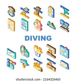 Diving School Education Lesson Icons Set Vector. Diving School Course And Study, Underwater Sign Language Equipment. Diver Instruction Coach And Certificate Isometric Sign Color Illustrations