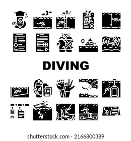 Diving School Education Lesson Icons Set Vector. Diving School Course And Study Underwater Sign Language Professional Equipment. Diver Instruction Coach Certificate Glyph Pictograms Black Illustration