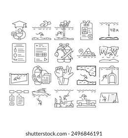 Diving School Education Lesson Icons Set Vector. Diving School Course And Study, Underwater Sign Language And Professional Equipment Diver Instruction Coach And Certificate Black Contour Illustrations