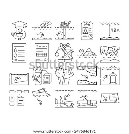 Diving School Education Lesson Icons Set Vector. Diving School Course And Study, Underwater Sign Language And Professional Equipment Diver Instruction Coach And Certificate Black Contour Illustrations