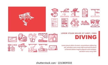 Diving School Education Lesson landing web page header vector. Diving School Course And Study, Underwater Sign Language Professional Equipment. Diver Instruction Coach Certificate Color Illustrations