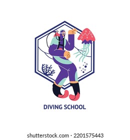 Diving school icon design with character swimming underwater, flat vector illustration isolated on white background. Person in diving mask with air tank exploring ocean.