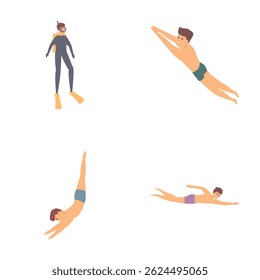 Diving school icons set cartoon vector. Active young people diving and swimming. Water sport