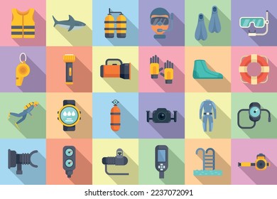 Diving school icons set flat vector. Beach active. Dive exercise