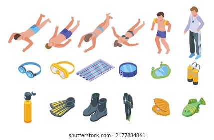 Diving school icons set isometric vector. Active beach. Boy child