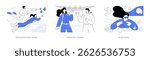 Diving school isolated cartoon vector illustrations set. Open water course, training with instructor in the pool, scuba diving class, going underwater with equipment, summer holiday vector cartoon.