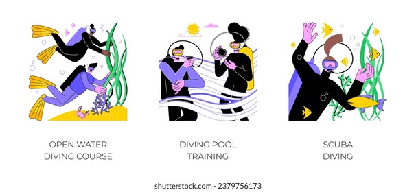 Diving school isolated cartoon vector illustrations set. Open water course, training with instructor in the pool, scuba diving class, going underwater with equipment, summer holiday vector cartoon.