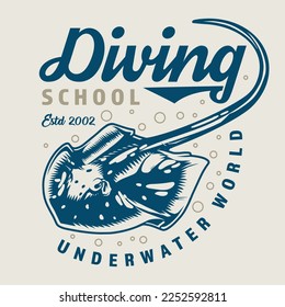 Diving school label vintage colorful with stingray floating alone among underwater bubbles for frogman academy advertising vector illustration