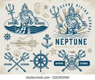 Diving school labels set colorful with evil god Neptune and sea animals or underwater scenery for frogman courses vector illustration