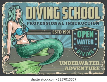 Diving School Poster Vintage bunte Meerjungfrau von Märchen, die anbieten, zu lernen, wie man unter Wasser mit Aqualung Vektorgrafik zu reisen