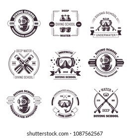 Diving school promo monochrome emblems with equipment set