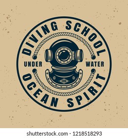 Diving school round badge, emblem, stamp or logo isolated vector illustration