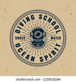 Diving school round vector badge, emblem or logo with diver helm and rope isolated illustration