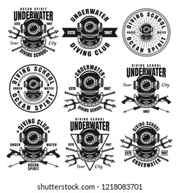 Diving school set of vector black emblems, badges, labels and logos with vintage diver helmet isolated on white background