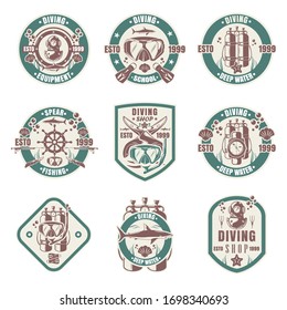 Diving school, shop, club vintage logo, badge, emblem set, vector illustration. Scuba diving, spearfishing, underwater swimming and hunting equipment and gear. Water recreational sport and leisure.