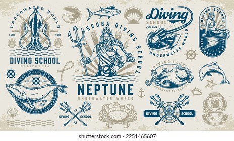 Diving school stickers set colorful with mermaid or Neptune to advertise underwater swimming lessons among fish and shellfish vector illustration