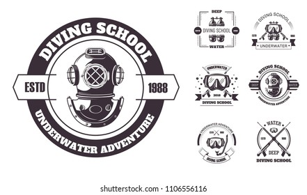 Diving school underwater adventure promo monochrome emblems set