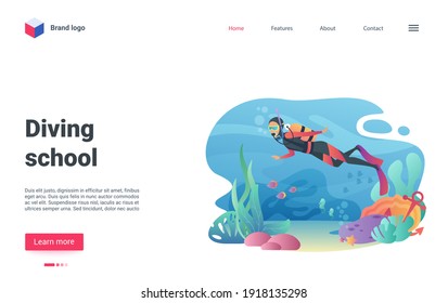 Diving school vector illustration. Cartoon diver character wearing diving swimming suit to swim in underwater world, snorkeling with aquatic animal, fish shoal at deep sea or ocean bottom landing page