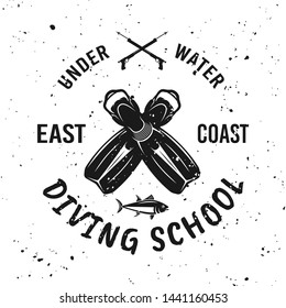 Diving school vector monochrome emblem, label, badge or logo on background with removable grunge textures