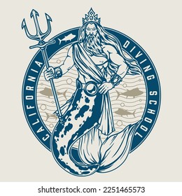 Diving school vintage label colorful with water god Neptune with staffs mermaid tail living with sea animals vector illustration