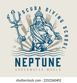 Diving school vintage logotype colorful with underwater god Neptune inviting to attend educational courses for frogman vector illustration