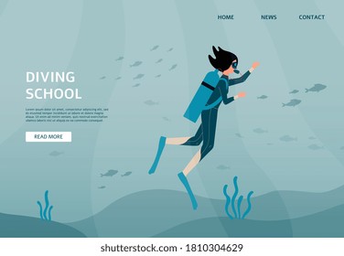 Diving school website banner layout with woman character swimming underwater, flat vector illustration. Diving training and instruction for deep diving.