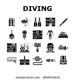 Diving Scuba Equipment Collection Icons Set Vector. Mask And Snokler, Fins And Swimming Suit, Flash Light And Knife Diving Tool Glyph Pictograms Black Illustrations