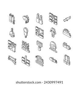 Diving Scuba Equipment Collection isometric icons set. Mask And Snokler, Fins And Swimming Suit, Flash Light And Knife Diving Tool Concept Linear Pictograms. Color Contour .