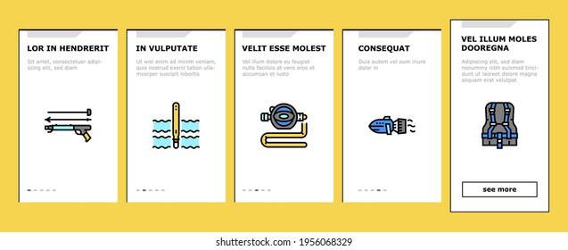 Diving Scuba Equipment Onboarding Mobile App Page Screen Vector. Mask And Snokler, Fins And Swimming Suit, Flash Light And Knife Diving Tool Illustrations