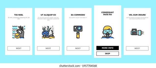 Diving Scuba Equipment Onboarding Mobile App Page Screen Vector. Mask And Snokler, Fins And Swimming Suit, Flash Light And Knife Diving Tool Illustrations