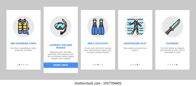 Diving Scuba Equipment Onboarding Mobile App Page Screen Vector. Mask And Snokler, Fins And Swimming Suit, Flash Light And Knife Diving Tool Illustrations