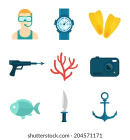 Diving scuba flat icons set of diver watch flipper isolated vector illustration