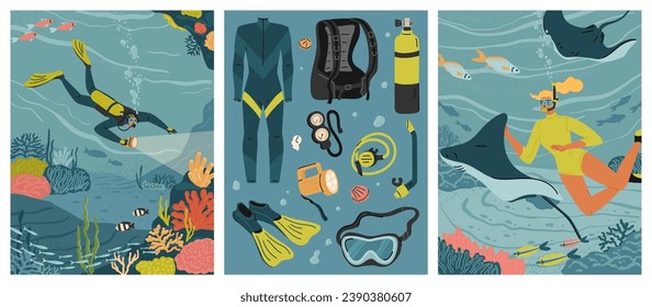 Diving with scuba gear and snorkeling mask scene set