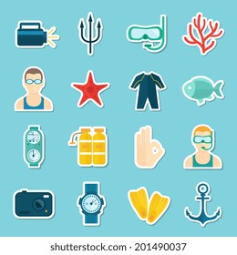 Diving scuba icons stickers set of underwater sport symbols isolated vector illustration