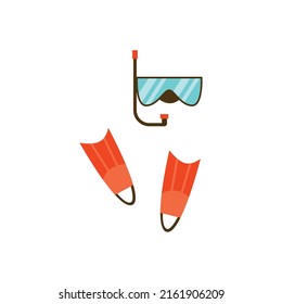 Diving scuba mask with diving flippers, flat cartoon vector illustration isolated on white background. Scuba mask with snorkel for underwater plugging.