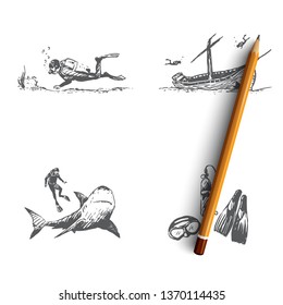 Diving - scuba diving, secrets of the seabed, the equipment of the diver, the study of marine fauna vector concept set. Hand drawn sketch isolated illustration