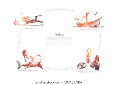 Diving - scuba diving, secrets of the seabed, the equipment of the diver, the study of marine fauna vector concept set