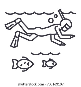 diving in the sea with fish,scuba,snorkeling vector line icon, sign, illustration on white background, editable strokes