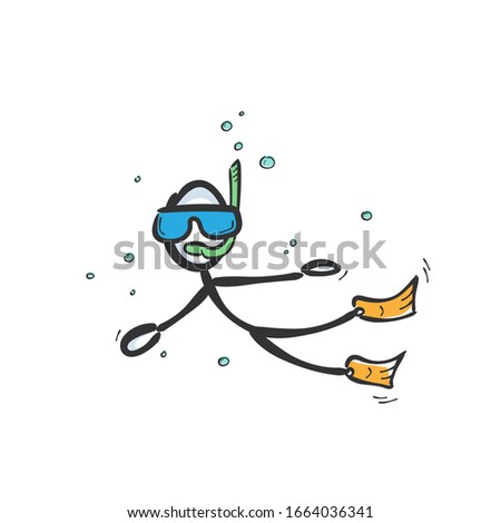 Diving in the sea. Snorkling under water. Hand drawn. Stickman cartoon. Doodle sketch, Vector graphic illustration
