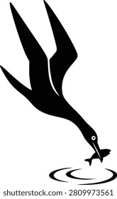 Diving seabird silhouette catching a small fish in water vector illustration