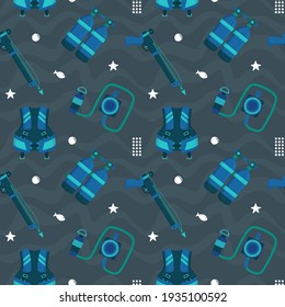 Diving Seamless Pattern with Buoyancy Compensator, Scuba Tanks, Diving Regulator, and Speargun. You can use this design to create poster, tshirt, pillow, tote bag, pouch, phone case, etc.